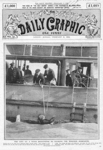 A 1912 English newspaper shows a diver going in to investigate the wreck of the A3 - (c) Daily Graphic