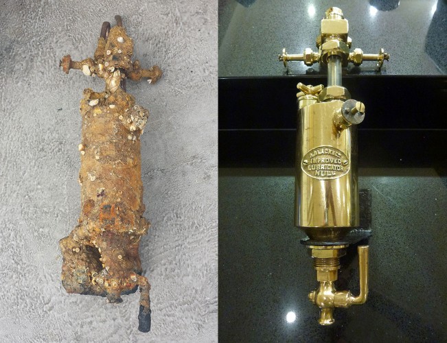 The brass lubricator from the wreck before and after recovery and clean up - 
Copyright Swanage Boat Charters Ltd