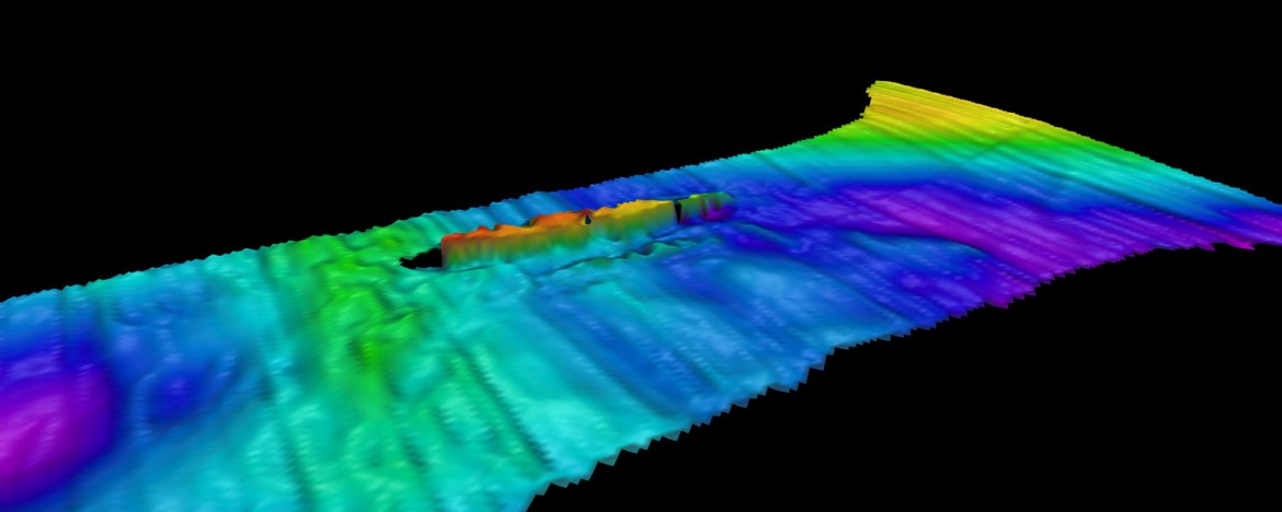 Multibeam acoustic survey of the U-8  First World War Submarine, sitting proud of the seabed. (C) Historic England