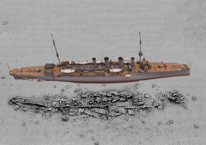 A 3D scan of HMS Falmouth by Historic England's imaging team superimposed on a seabed survey of the wreck. Survey carried out by Maritime and Coastguard Agency (c) Historic England