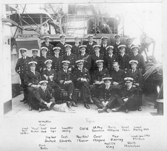 The officers of HMS Falmouth - including Rear Admiral Trevylyan Napier, Captain John Douglas Edwards and the mascot "Kaiser Bill" - Image courtesy of John McDonald