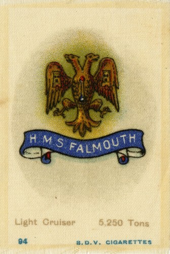 HMS Falmouth ship's crest as a silk badge on a cigarette pack - Courtesy WD Cocroft