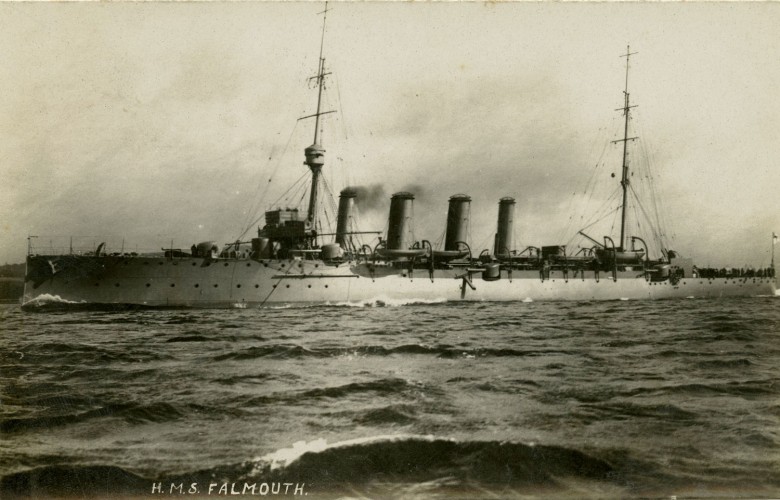 HMS Falmouth - Postcard showing the ship at sea shortly before she was commissioned in September 1911. Courtesy WD Cocroft
