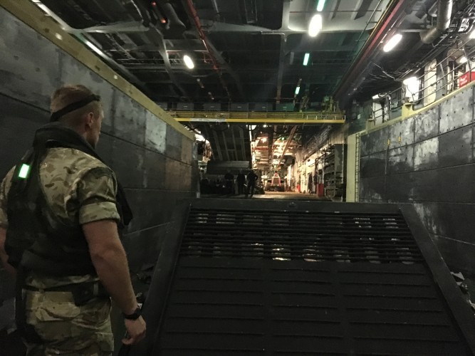 Arriving aboard HMS Bulwark on an LCVP (Landing Craft Vehicle Personnel)