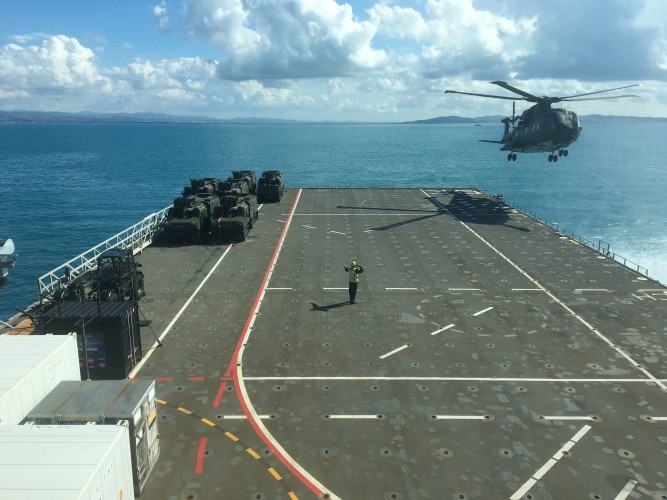 Green Merlin landing on HMS Bulwark’s flight deck