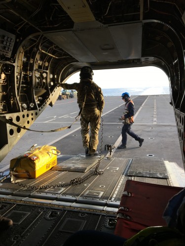 Leaving HMS Ocean for the last night on Bulwark, on a Chinook 