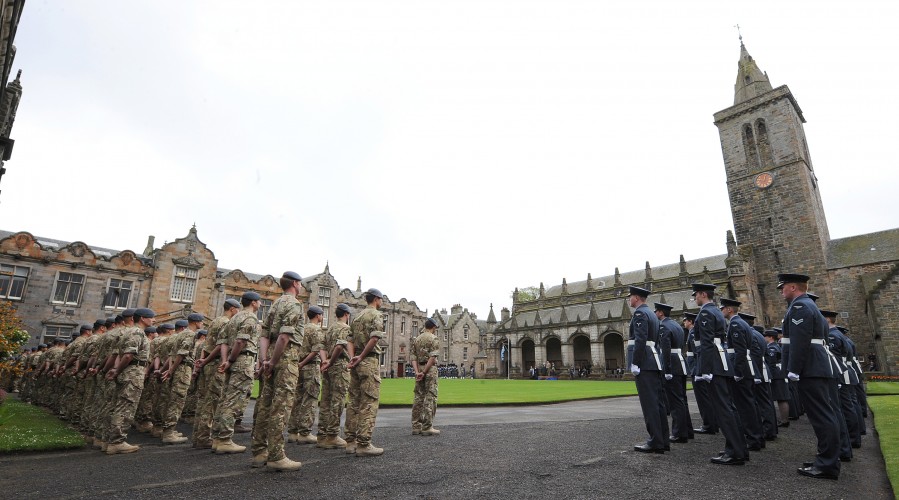 Personnel from Royal Air Force Leuchars form up at St Salvator's Quad, St Andrews before they set off.

Picture: Crown Copyright 2014 / Royal Air Force / SAC Rich Dudley