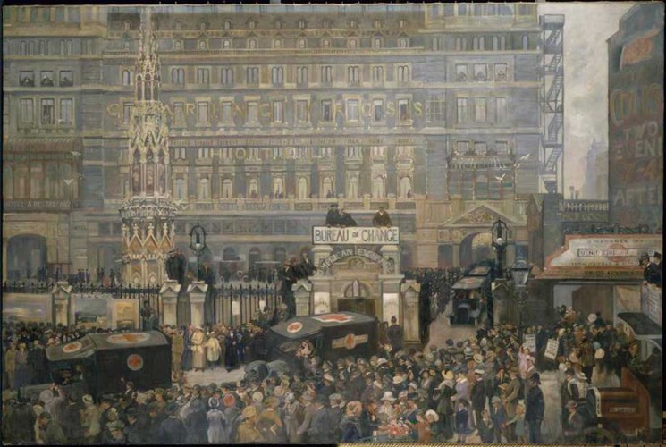 Outside Charing Cross Station, July 1916, by John Hodgson Lobley.
Copyright Imperial War Museum