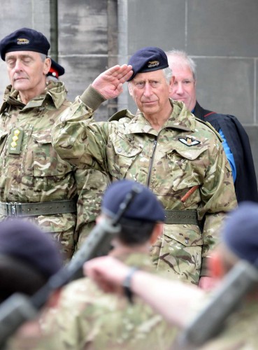 His Royal Highness The Prince of Wales (also known as The Earl of Carrick in Scotland) takes the salute, flanked by the Duke of Westminster, from the Queen's Own Yeomanry as they are conferred the Freedom of South Ayrshire at a parade through the streets of Ayr.