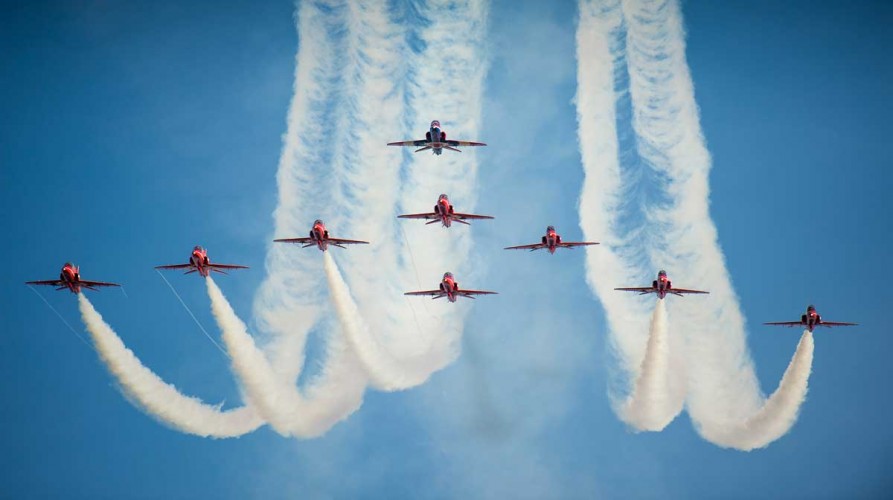 The Royal Air Force Aerobatic Team "The Red Arrows" perform with 9 Hawk aircraft for the 1st time since the tragic losses of 2011. They flew a practice display at RAF Cranwell on 28 February 2013, signalling their intent to return to the classic 9 aircraft formation for the 2013 aircraft display season.

Photo Crown Copyright 2013