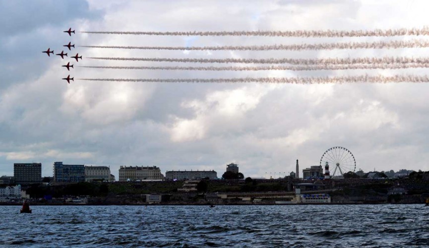 The Royal Air Force Acrobatic Team the Red Arrows, fly in formation over the Armed Forces Day National Event 2012 in Plymouth.

Photo Crown Copyright 2012