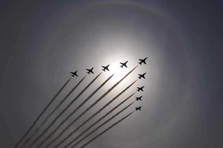 The Royal Air Force Aerobatic Team, The Red Arrows, Passing over RAF Cranwell in the "Big Battle" Formation.

Photo Crown Copyright 2011