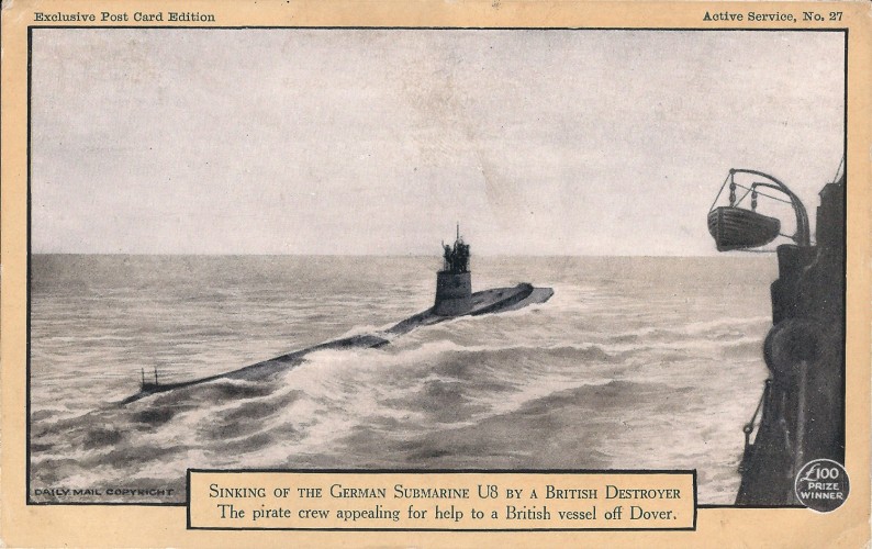 Postcard from the First World War that depicts the German U-8 off the coast of Dover - (c) Historic England