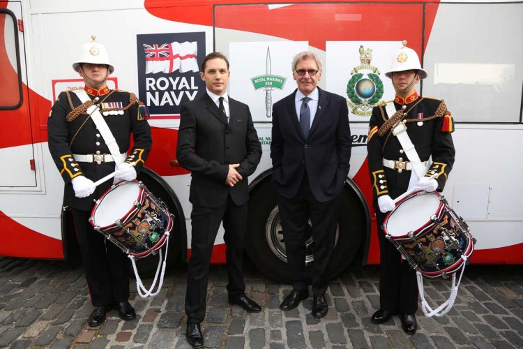 Hollywood actor Tom Hardy and Harrison Ford seen here with two Royal Marines buglers either side. They have launched the Royal Marines Corps of Drums’ Guinness world record attempt at the Tower of London.