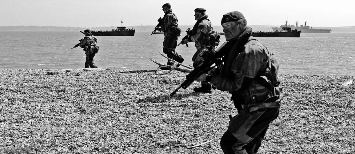 HMS Bulwark used Browndown beach in Gosport, Hampshire to practice the ships amphibious capability by sending landing craft manned by Royal Marines from the ship to the beach and flying a Merlin and Sea King Helicopter to provide air cover.