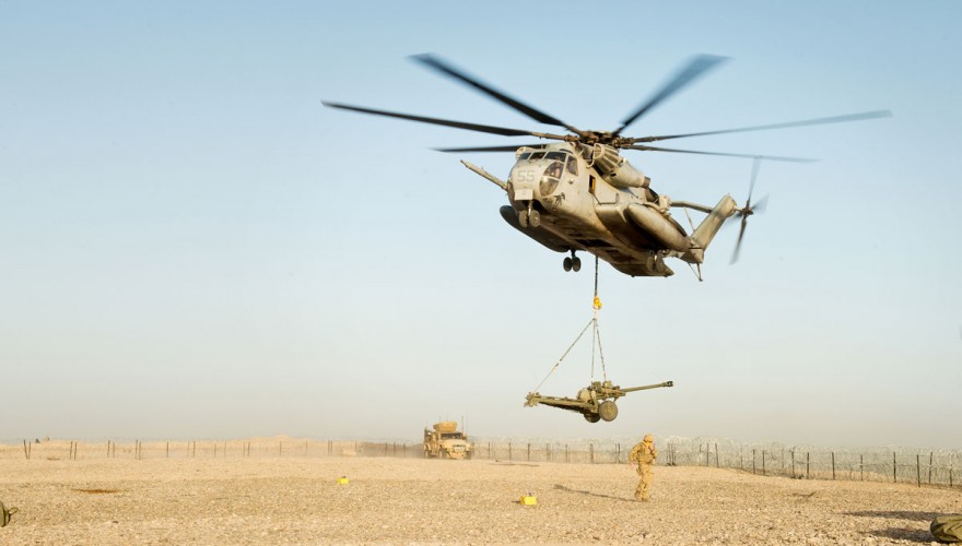The L118 Light Gun, based at PB Sterga 2, is air lifted out of PB Sterga 2 by an American CH53 helicopter during the closure of the PB on the morning of 8 May 2014. 