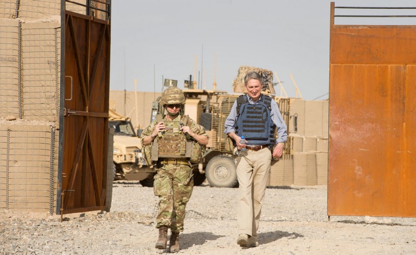 Phillip Hammond MP, Secretary of State for Defence, leaves PB Sterga 2 following his visit to Afghanistan, on 7 May 2014.