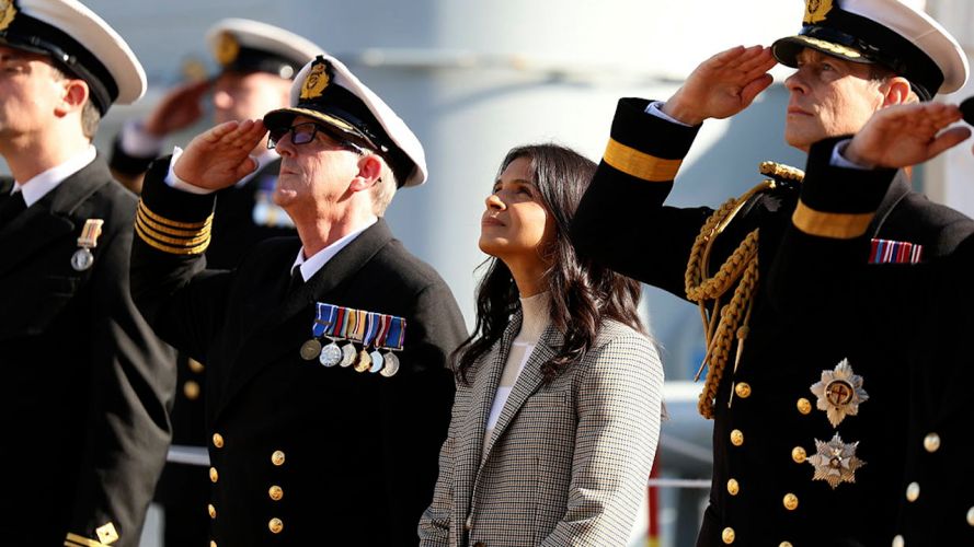 HRH Prince Edward, The Duke of Edinburgh, and businesswoman Akshata Murty, the wife of Prime Minister Rishi Sunak aboard RFA Proteus for the Service of Dedication (Picture: MOD).