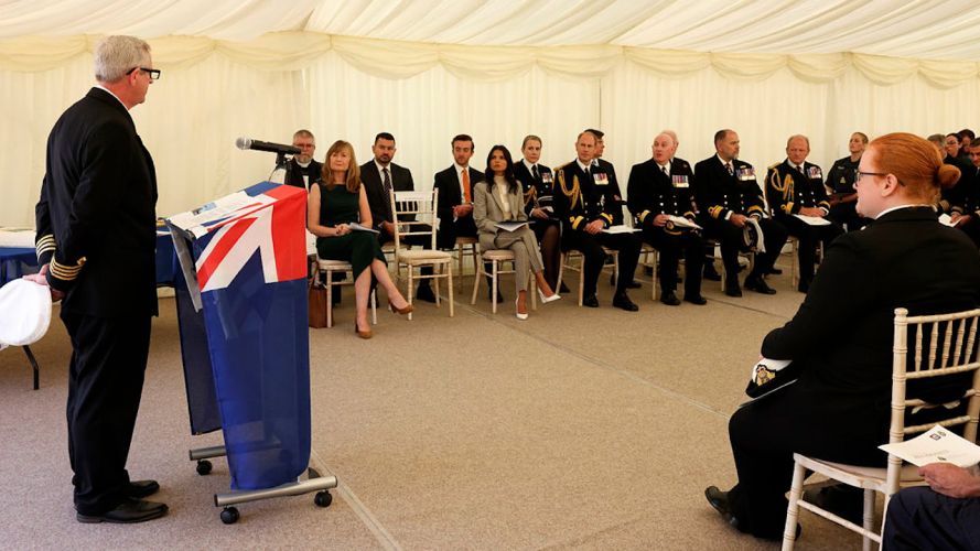 HRH Prince Edward, The Duke of Edinburgh, and businesswoman Akshata Murty, the wife of Prime Minister Rishi Sunak aboard RFA Proteus for the Service of Dedication (Picture: MOD).