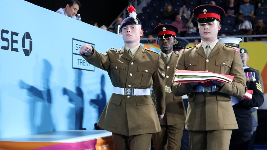 military personnel from all three Military Services entered the Judo Arena at Coventry Arena bearing respective nation’s flags for Judo winners 03082022 CREDIT MOD Crown Copyright.jpg