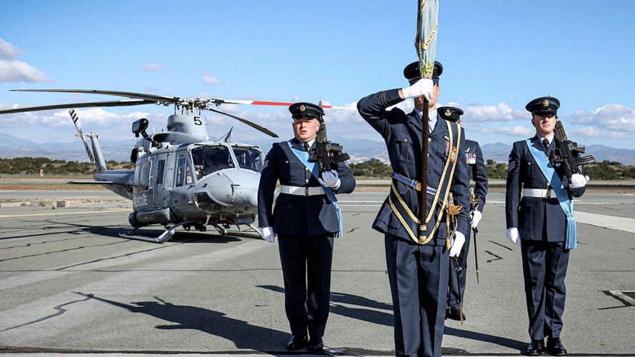 84 squadron, lead by Officer Commanding Squadron Leader Jean-Marc David paraded the squadron standard to mark their 50th anniversary of operations in Cyprus (Picture: MOD).