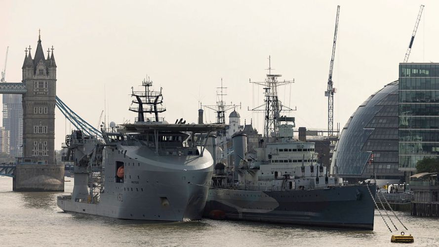 RFA Proteus alongside HMS Belfast in London, on 9 October 2023, ahead of her Service of Dedication on 10 October 2023 (Picture: MOD).
