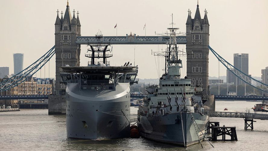 RFA Proteus alongside HMS Belfast in London, on 9 October 2023, ahead of her Service of Dedication on 10 October 2023 (Picture: MOD).