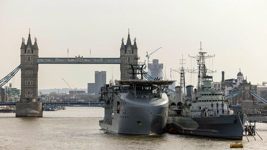 RFA Proteus alongside HMS Belfast in London, on 9 October 2023, ahead of her Service of Dedication on 10 October 2023 (Picture: MOD).