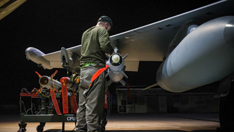 RAF Armourers (Weapon Technicians) prepare a Royal Air Force Typhoon FGR4 for Air Strikes against Houthi military targets in Yemen. On 22 January, the UK conducted further strikes against Houthi targets (Picture: MOD).