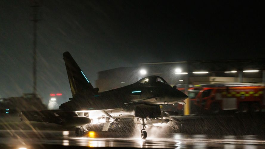 An RAF Typhoon FGR4 takes off to carry out an air strike against a Houthi military target in Yemen (Picture: MOD)