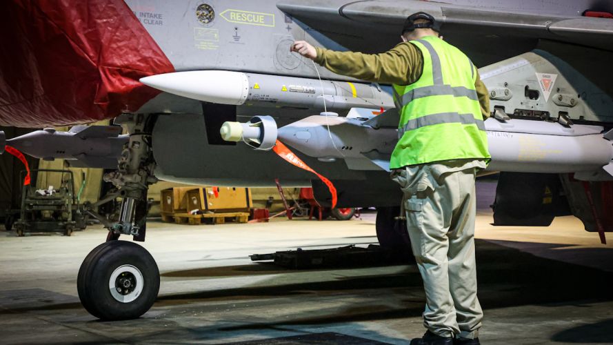 Four Royal Air Force Typhoon FGR4s, supported by a pair of Voyager tankers, joined US forces in a deliberate strike against Houthi sites in Yemen. Our aircraft used Paveway IV precision guided bombs to strike multiple targets at two military sites in the vicinity of Sanaa airfield (Picture: MOD).