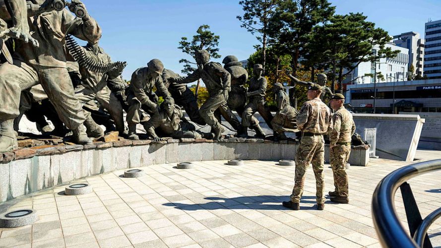 Soldiers from C Company, the 1st Battalion Scots Guards looking over some of the monuments at the Korean War Memorial on Ex IMJIN WARRIOR 23 (Picture: MOD).