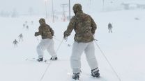 Commandos ski on the slopes during the training