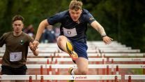 A soldier competes in the hurdles event during the Army Sport North Inter Unit Athletics Championships at Catterick Garrison