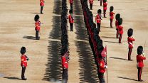 Discipline is one of the core values of the British Army, with these Guardsmen displaying perfect self-discipline in marching and holding formation while casting shadows from the hot sun above