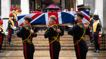 The coffin of Lance Bombardier Ciara Sullivan is carried from the Guards Chape