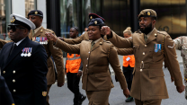 Sailors, soldiers, and aviators took part in a formal parade and thanksgiving service 