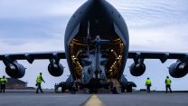 This Royal Navy Wildcat HMA Mk2 is loaded onto an RAF C-17 by RAF movers and RN personnel at RNAS Yeovilton ahead of their flight to Cyprus