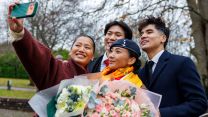 Kristina Gurung, Goran Lawati, Signaller Rinizi Lwati (centre) and Angkit Gurung take a selfie together after her passing out parade at Army Training Centre Winchester