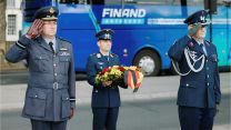 Air Commodore Andrew Dickens and Oberst Stefan Kleinheyer salute ahead of laying a wreath - ceremonies took place simultaneously at the Luftwaffe Memorial in Furstenfeldbrück and the RAF Memorial in London to honour the dead from both nations (Source: MOD)