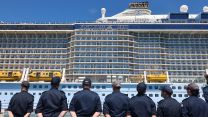 Cruise ship Anthem of the Seas towers over HMS Spey in Bali (Picture: Royal Navy)
