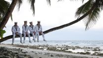HMS Tamar's crew chill out on a branch in Diego Garcia (Picture: Royal Navy)