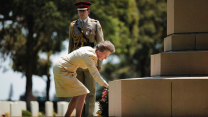 Princess Anne lays a wreath at the Cross of Sacrifice during a service at the Sydney War Cemetery, in Rookwood 
