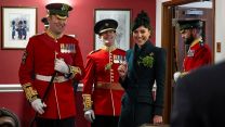 The Princess chats to the Commanding Officer and Regimental Sergeant Major in the Sergeants Mess on St Patrick's Day (Picture: MOD)