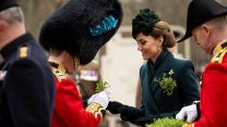 Kates hands a shamrock to Commanding Officer of 1st Battalion Irish Guards, Lt Col Ben Irwin-Clark, on St Patrick's Day (Picture: MOD)