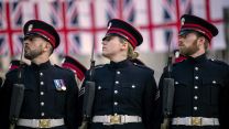 Members of the Honourable Artillery Company form a Guard of Honour for French president Emmanuel Macron's attendance at London Guildhall