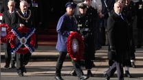 09112025 Armed forces wreath bearers arrive on Whitehall during the Remembrance Sunday service at the Cenotaph in London