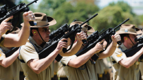 Members of the Royal Australian Corps of Signals conduct a Feu de joie during the Royal Australian Corps of Signals centenary parade at Victoria Barracks in Sydney