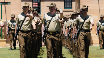 Members of the Royal Australian Corps of Signals march on parade during the Royal Australian Corps of Signals centenary parade at Victoria Barracks in Sydney
