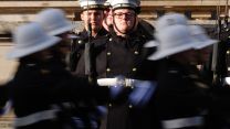 09112025 Members of the Royal Navy stand on Whitehall ahead of the Remembrance Sunday service at the Cenotaph in London